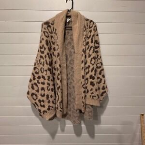 Akemi + Kin Leopard Print Cardigan Womens OS Tan Brown Fuzzy Oversized Sweater